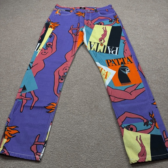 Patta Men's Pants Size 32 x 30 Multicolor Denim Straight Magazine AOP Graphic - Picture 2 of 11